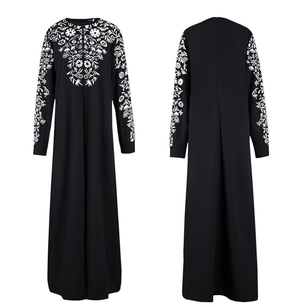 NWT Black Maxi Dress with White Floral Embroidery - Elegant Long Sleeve